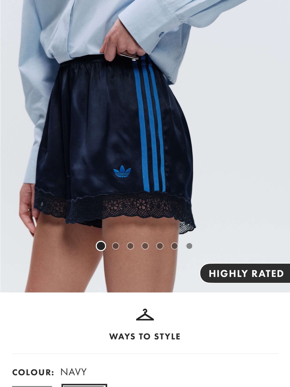 adidas Navy Satin Mini shorts with Blue 3-Stripes & Lace Hem